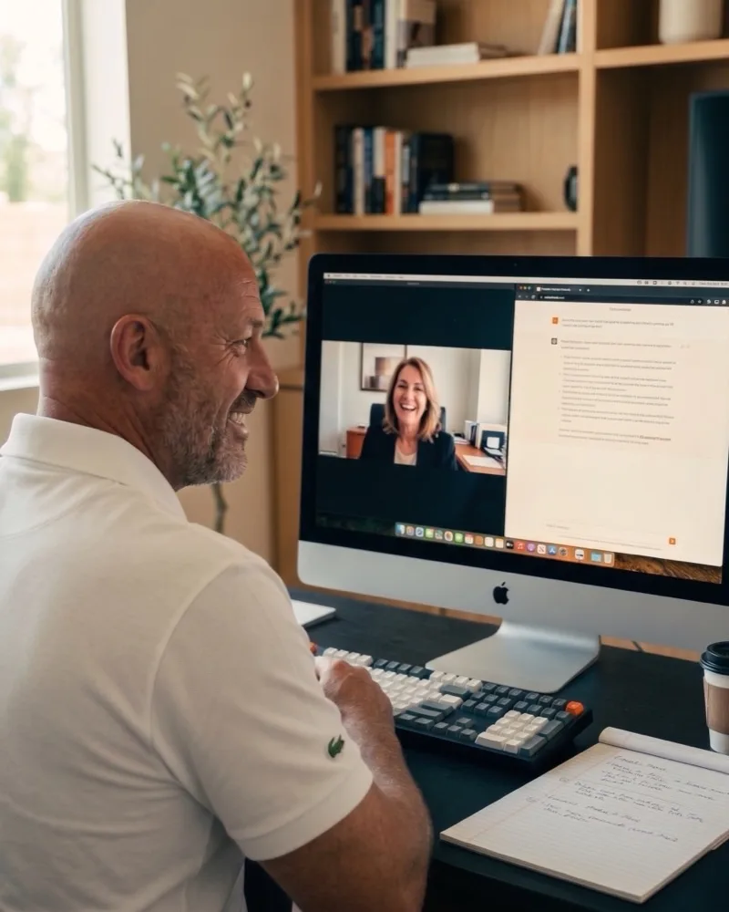 Chris Daigle at his desk in a working session, on a video call with an executive